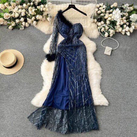Western Couture Imported One-Shoulder Sequin Dress with Fur Detail | Elegant Party Wear Gown