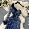 Western Couture Imported One-Shoulder Sequin Dress with Fur Detail | Elegant Party Wear Gown