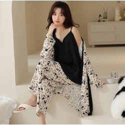 Western Couture Imported Summer Special 3 Pc Elegant Lounge Wear Set – Spaghetti Strap Vest (with Chest Pad), Shrug/Robe & Pant