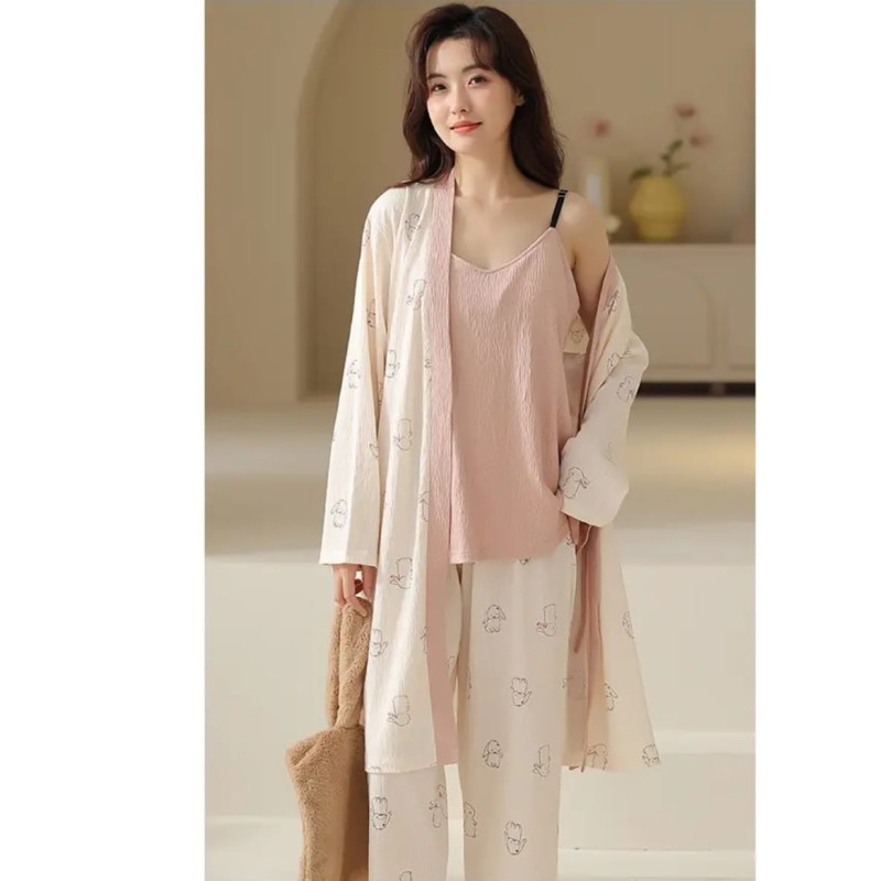 Western Couture Imported Summer Special 3 Pc Elegant Lounge Wear Set – Spaghetti Strap Vest (with Chest Pad), Shrug/Robe & Pant