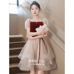 Western Couture Imported Puff-Sleeve Square-Neck Sequined A-Line Layered Cocktail Dress