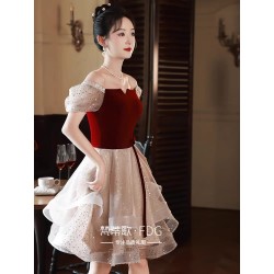 Western Couture Imported Puff-Sleeve Square-Neck Sequined A-Line Layered Cocktail Dress