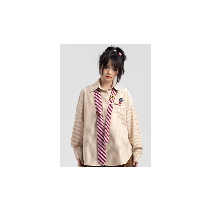 Imported Summer Striped College Girl Style Neck Tie Embroidered Shirt with Broach Imported Summer Striped College Girl Style Neck Tie Embroidered Shirt with Broach