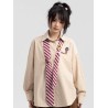 Imported Summer Striped College Girl Style Neck Tie Embroidered Shirt with Broach