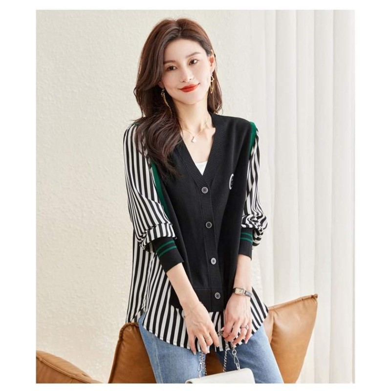 Western Couture Imported Early Spring Stylish Patchwork Knit Shirt with V-Neck Vest Layered Look