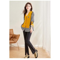 Western Couture Imported Early Spring Stylish Patchwork Knit Shirt with V-Neck Vest Layered Look