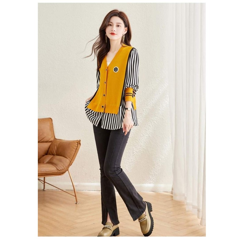 Western Couture Imported Early Spring Stylish Patchwork Knit Shirt with V-Neck Vest Layered Look