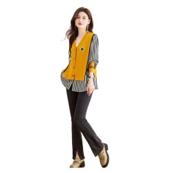 Western Couture Imported Early Spring Stylish Patchwork Knit Shirt with V-Neck Vest Layered Look