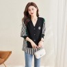 Western Couture Imported Early Spring Stylish Patchwork Knit Shirt with V-Neck Vest Layered Look