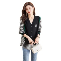 Western Couture Imported Early Spring Stylish Patchwork Knit Shirt with V-Neck Vest Layered Look