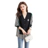 Western Couture Imported Early Spring Stylish Patchwork Knit Shirt with V-Neck Vest Layered Look