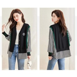 Western Couture Imported Early Spring Stylish Patchwork Knit Shirt with V-Neck Vest Layered Look