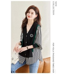 Western Couture Imported Early Spring Stylish Patchwork Knit Shirt with V-Neck Vest Layered Look