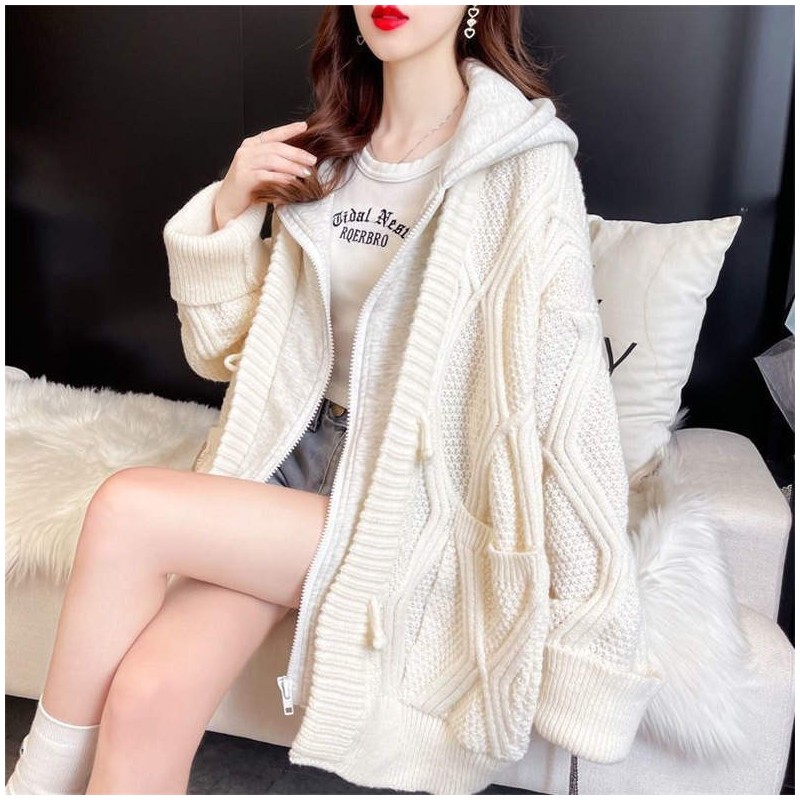 Western Couture Imported Heavy Quality Oversized Hooded Knitted Zip Closure Cardigan/Jacket