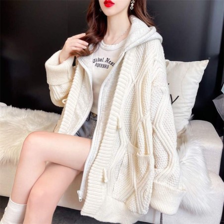 Western Couture Imported Heavy Quality Oversized Hooded Knitted Zip Closure Cardigan/Jacket