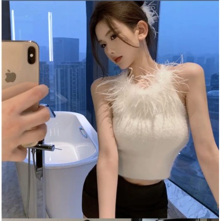 Imported Stylish Halter Neck Knitted Sleeveless Furr Top
