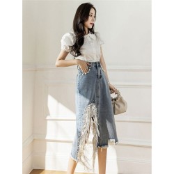 Western Couture Imported Stylish Denim Skirt with Sequined Tassel Detailing – Elegant Look