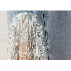 Western Couture Imported Stylish Denim Skirt with Sequined Tassel Detailing – Elegant Look