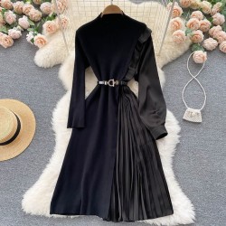 Imported Long Sleeves Crew Neck Long Knitted and Pleated Fabric Flare Party Wear Dress With Beautiful Belt