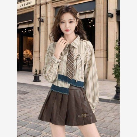 Western Couture™ Imported Asymmetric Denim Patchwork Knotted Crop Shirt