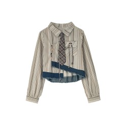 Western Couture™ Imported Asymmetric Denim Patchwork Knotted Crop Shirt