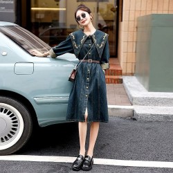 Imported European  Fashion Embroidered Collars Long Denim Dress