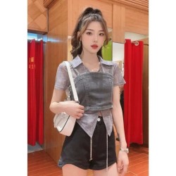 Imported 2-Piece Layered Crop Top Set – Shirt + Denim Strap Top