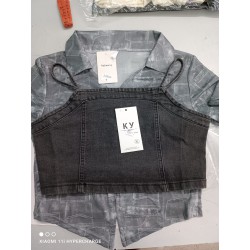 Imported 2-Piece Layered Crop Top Set – Shirt + Denim Strap Top
