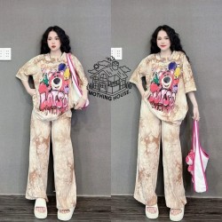 Imported Tie and Die Dyed  Short Sleeve Top and Wide Leg Pant (Pocket Included) 2 Pc Cartoon Print Coord Set