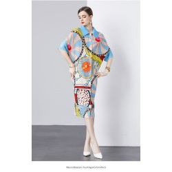 Imported Summer Trendy Digital Print Front Open Pleated Long Dress