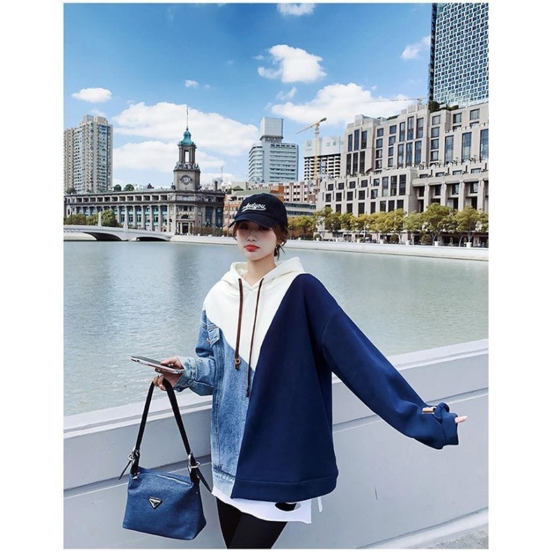 Western Couture – Imported Beautiful Spring/Autumn Oversized Trendy Color Blocked Hooded T-Shirt