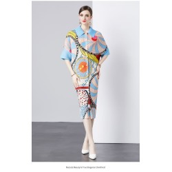 Imported Summer Trendy Digital Print Front Open Pleated Long Dress