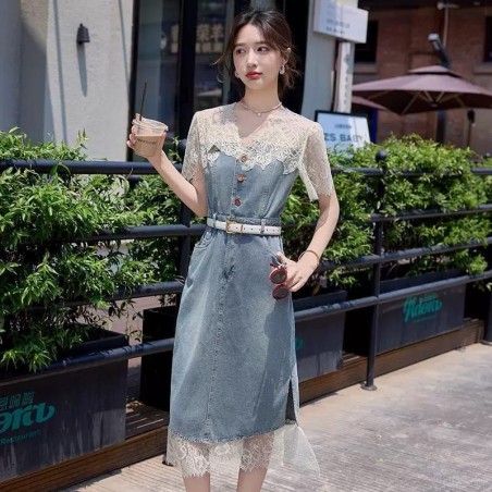 Western Couture – Imported Elegant Stylish Denim Dress with Lace Mesh Detailing