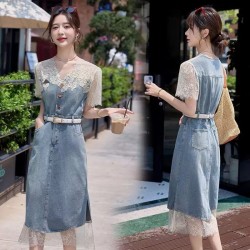 Western Couture – Imported Elegant Stylish Denim Dress with Lace Mesh Detailing