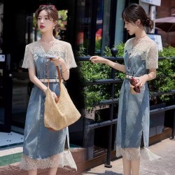 Western Couture – Imported Elegant Stylish Denim Dress with Lace Mesh Detailing