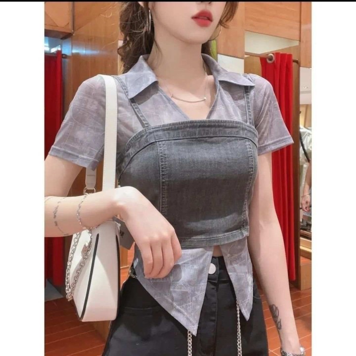 Western Couture Half Sleeve Shirt with Denim Vest Jacket