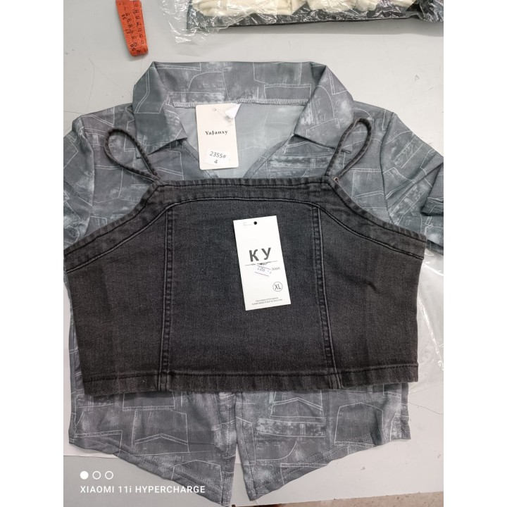 Western Couture Half Sleeve Shirt with Denim Vest Jacket