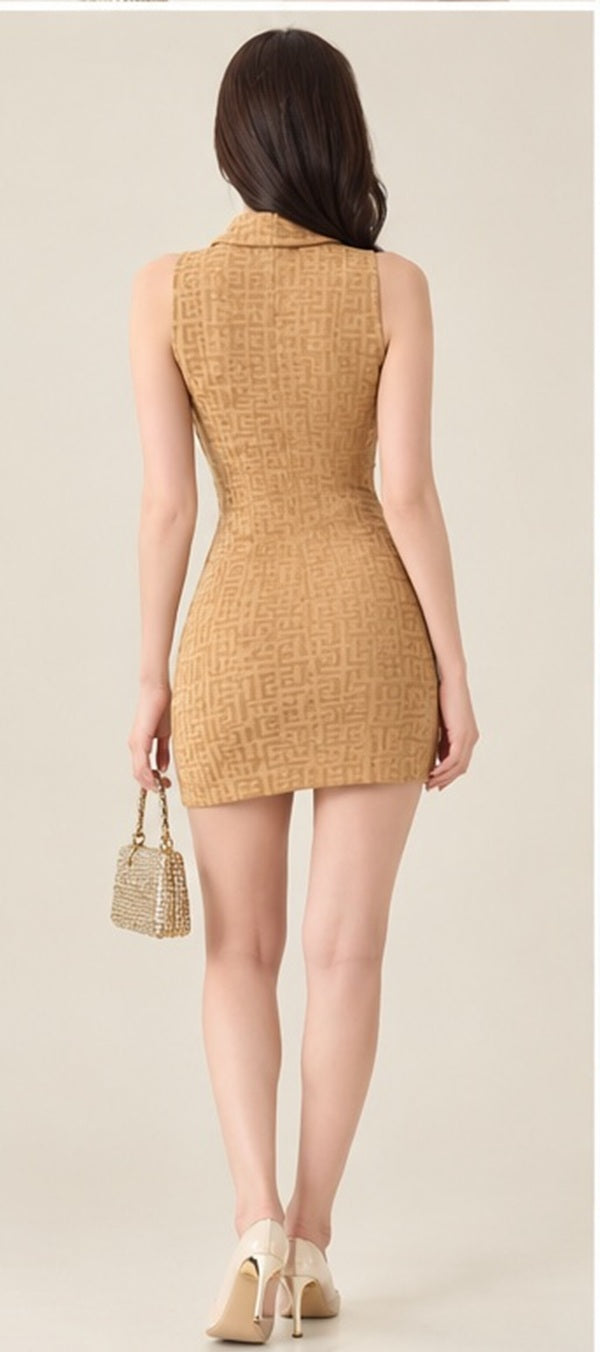 Elegant Scarf Collar Gold Button Double-Breasted Knit Dress by Western Couture