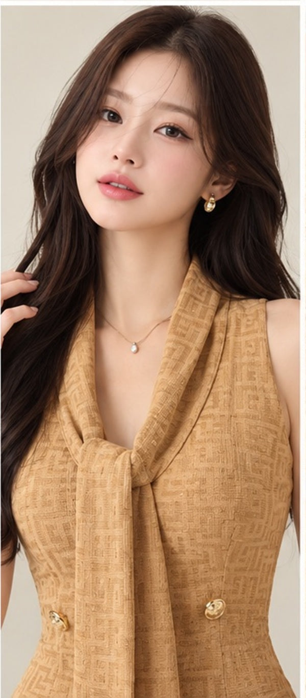 Elegant Scarf Collar Gold Button Double-Breasted Knit Dress by Western Couture