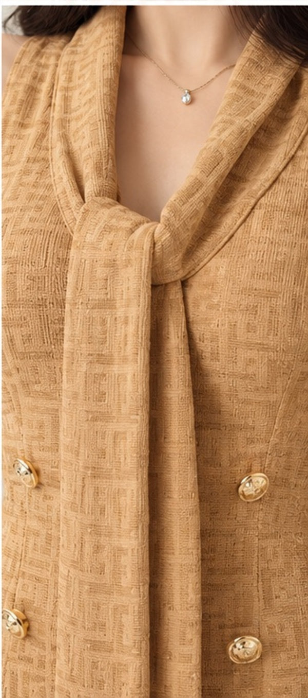 Elegant Scarf Collar Gold Button Double-Breasted Knit Dress by Western Couture