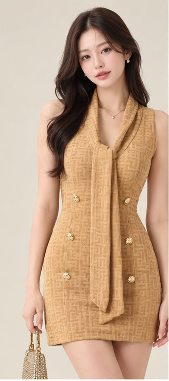 Elegant Scarf Collar Gold Button Double-Breasted Knit Dress by Western Couture