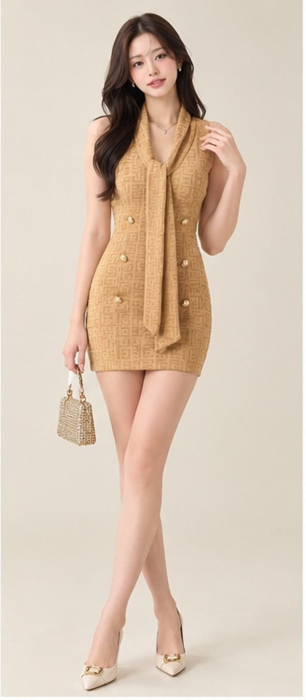 Elegant Scarf Collar Gold Button Double-Breasted Knit Dress by Western Couture