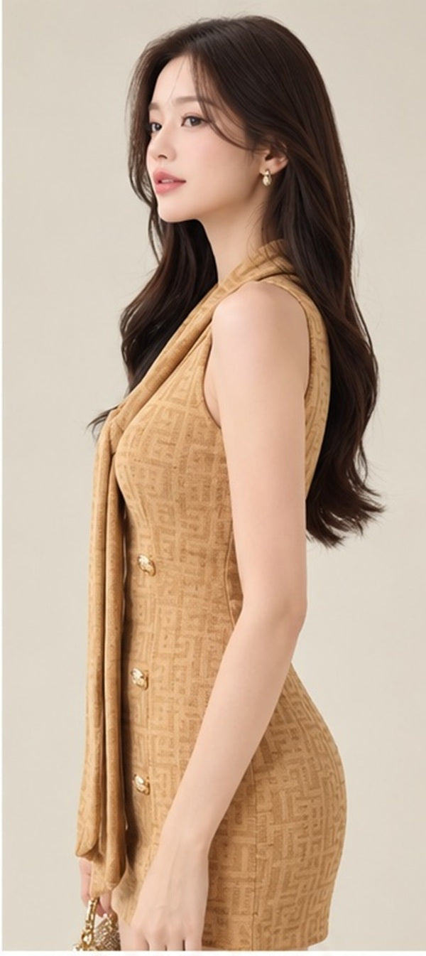 Elegant Scarf Collar Gold Button Double-Breasted Knit Dress by Western Couture