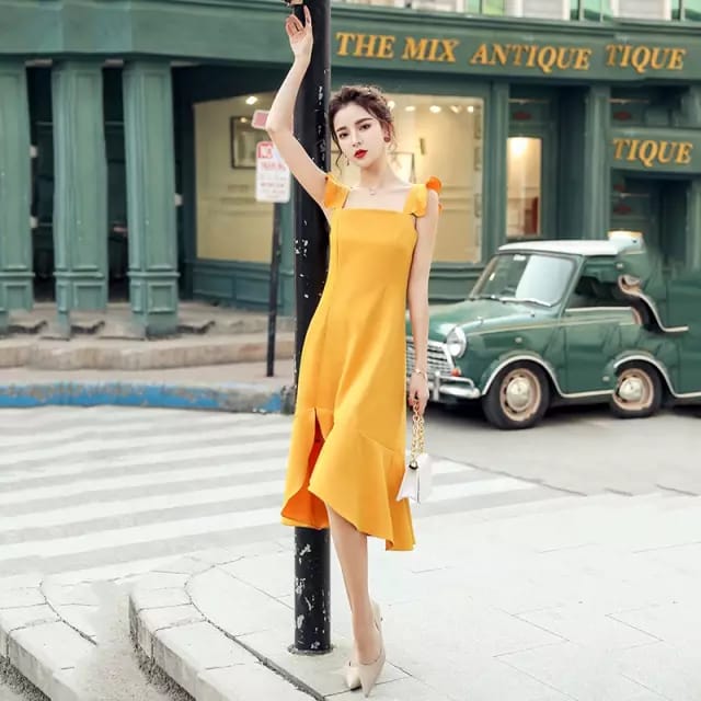 Western Couture Ruffle Midi Dress - Yellow Street