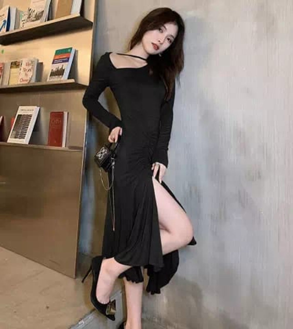 Western Couture Imported Hosiery High Slit Full Sleeves Bodycon Long Dress – Brown & Black