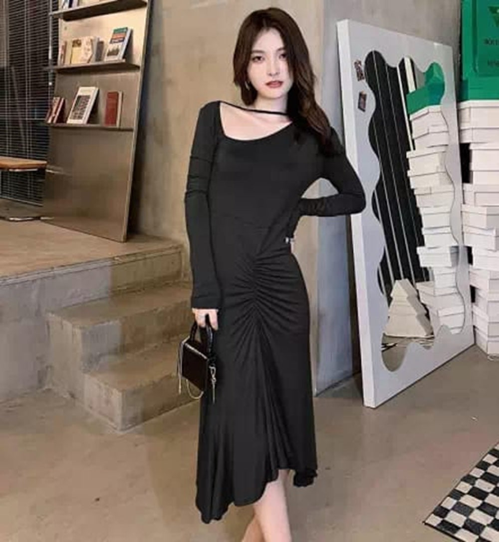 Western Couture Imported Hosiery High Slit Full Sleeves Bodycon Long Dress – Brown & Black