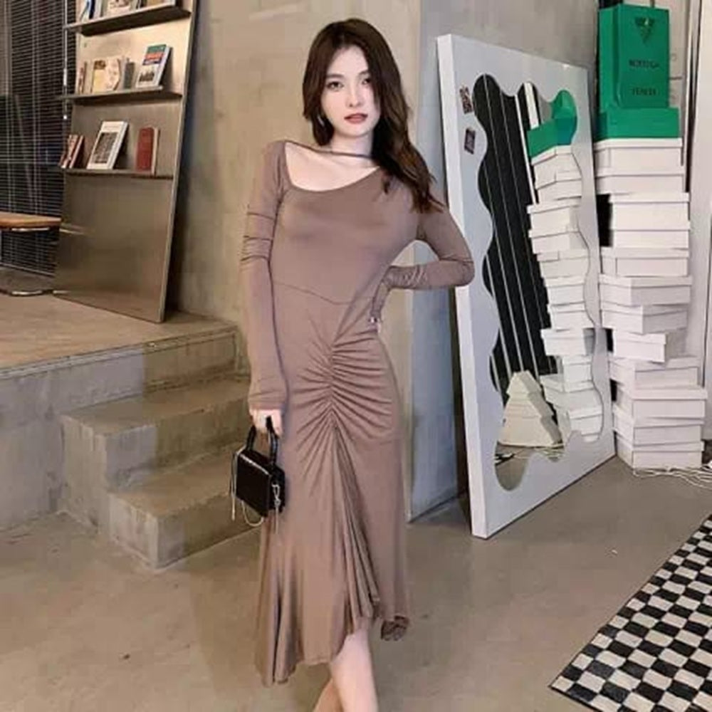 Western Couture Imported Hosiery High Slit Full Sleeves Bodycon Long Dress – Brown & Black