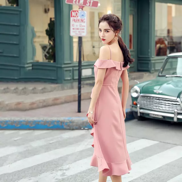 Western Couture Ruffle Midi Dress - Pink Off-Shoulder Back