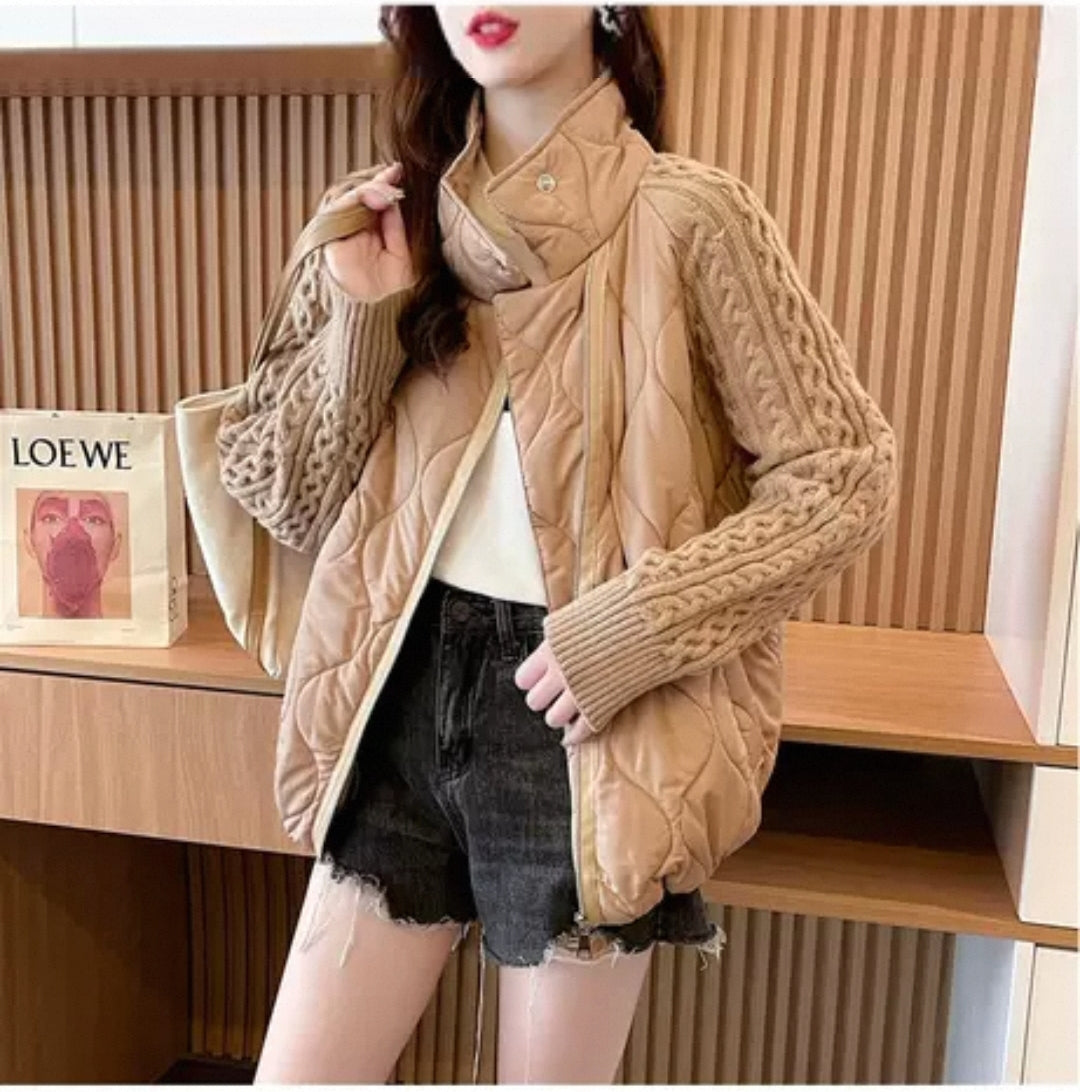 Western Couture Imported Women’s Quilted Puffer Jacket with Cable Knit Sleeves & High Neck – Beige