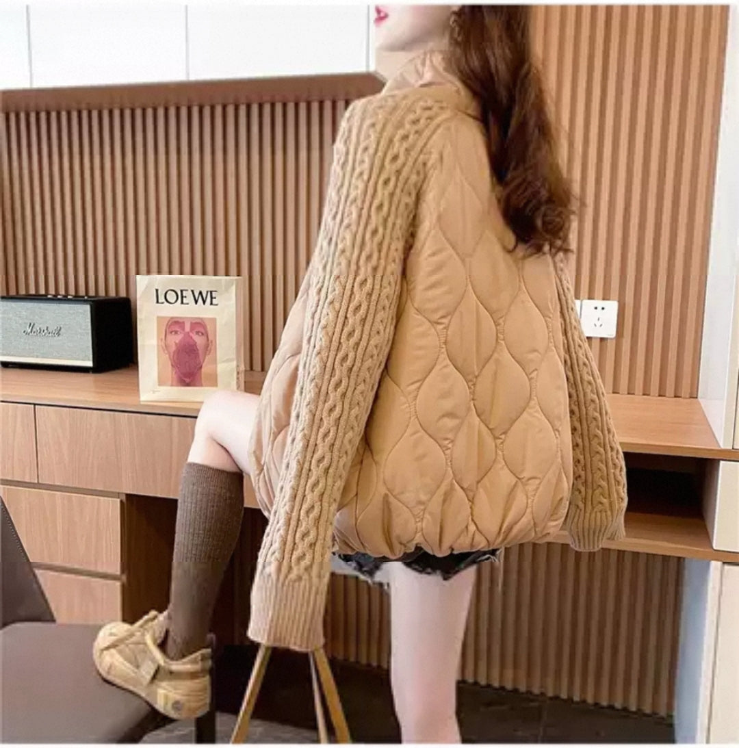 Western Couture Imported Women’s Quilted Puffer Jacket with Cable Knit Sleeves & High Neck – Beige